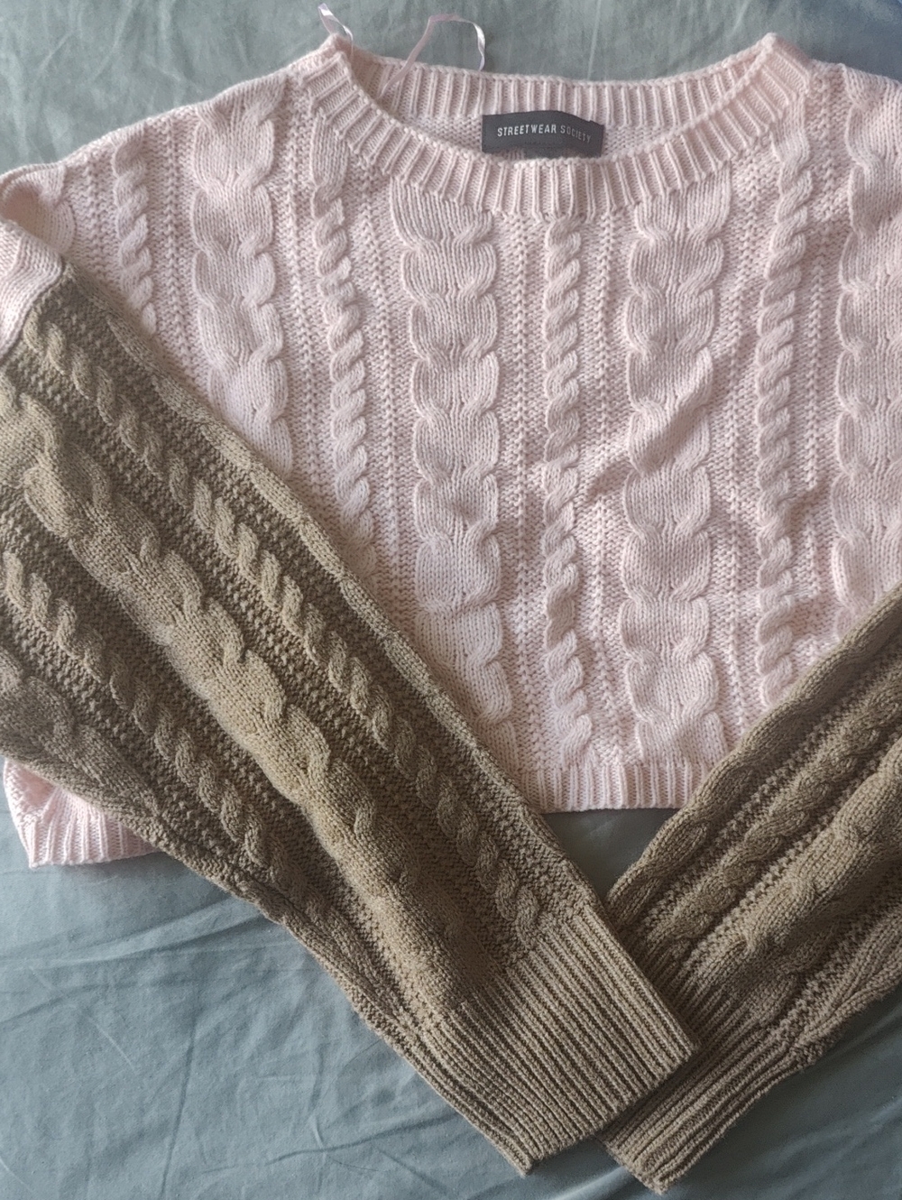 Streetwear Society Pale Pink Body with Taupe Sleeves Cable Knit Crew